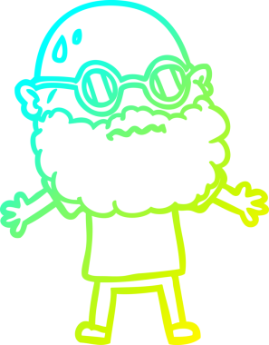 Bir insan tarafından çizilmiş sakallı ve güneş gözlüklü endişeli bir çizgi film çizimi.