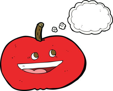 Bir insan tarafından çizilmiş düşünce balonlu mutlu elma çizgi filmi.