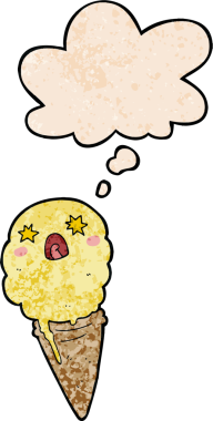 Bir insan tarafından çizilmiş grunge desenli düşünce baloncuklu karikatür şoklu dondurma.