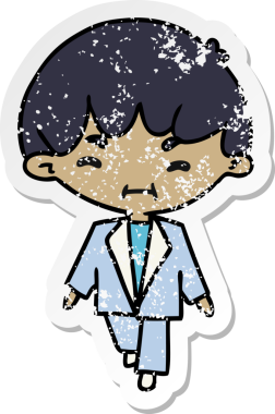 Üzüntülü çıkartma çizgi film çizimi Kawaii takım elbiseli yakışıklı çocuk bir insan tarafından çizilmiş.