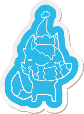 Bir insan tarafından çizilmiş Noel Baba şapkası giyen ağlayan bir kurdun garip çizgi film çıkartması.