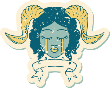 Retro Dövme Biçimi, bir insan tarafından çizilmiş kaydırma pankartıyla ağlayan karakter yüzü