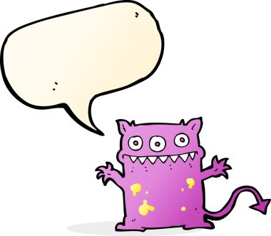 Bir insan tarafından çizilmiş konuşma balonu olan küçük bir canavar.