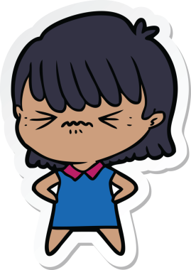 Bir insan tarafından çizilmiş kızgın bir çizgi film kızına ait etiket.