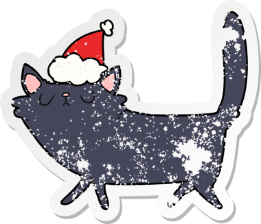 Bir insan tarafından çizilmiş Noel Baba şapkası takan siyah bir kedinin çizilmiş el yazısı.