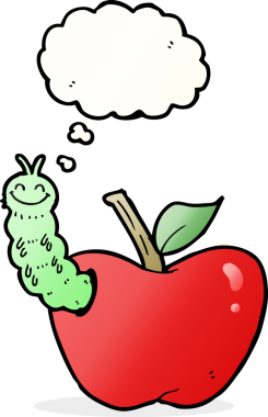 Bir insan tarafından çizilmiş düşünce baloncuklu bir elma.