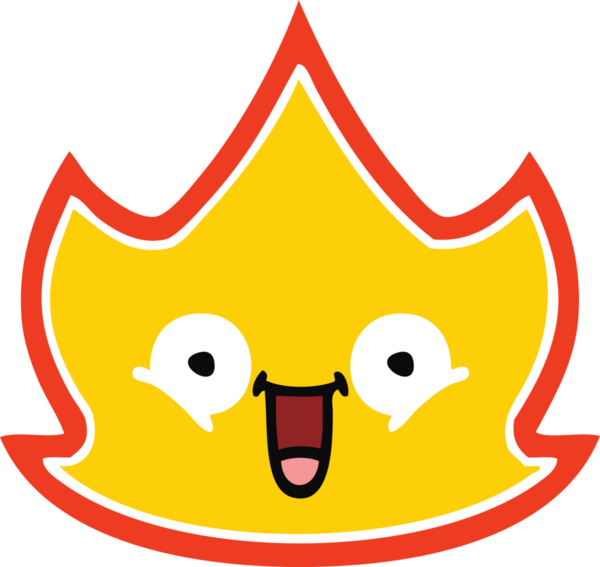 Bir insan tarafından çizilen mutlu ateşin düz renkli retro karikatürü