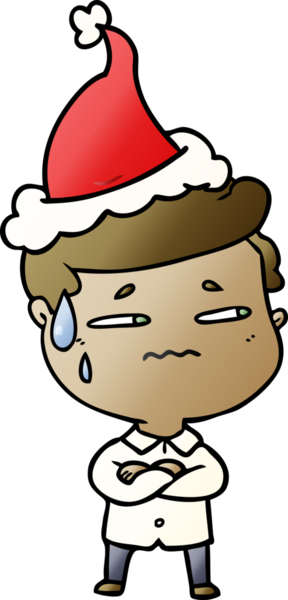 Bir insan tarafından çizilmiş Noel Baba şapkası giymiş endişeli bir adamın el çizimi karikatürü.