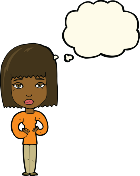 Bir insan tarafından çizilmiş düşünce baloncuğuyla kendini gösteren karikatür kadın.