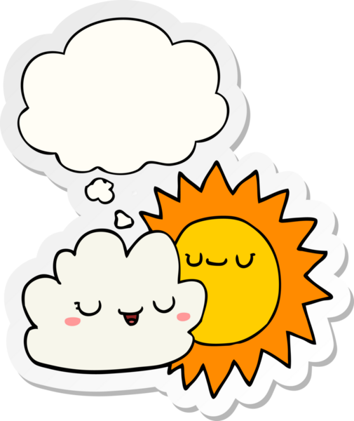 Düşünce baloncuklu karikatür güneş ve bulut insan tarafından çizilmiş bir çıkartma.