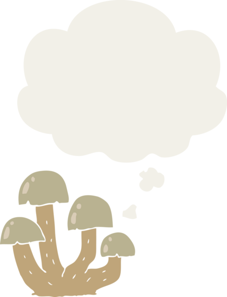 Düşünce baloncuğu olan çizgi film mantarları insan tarafından çizilmiş.