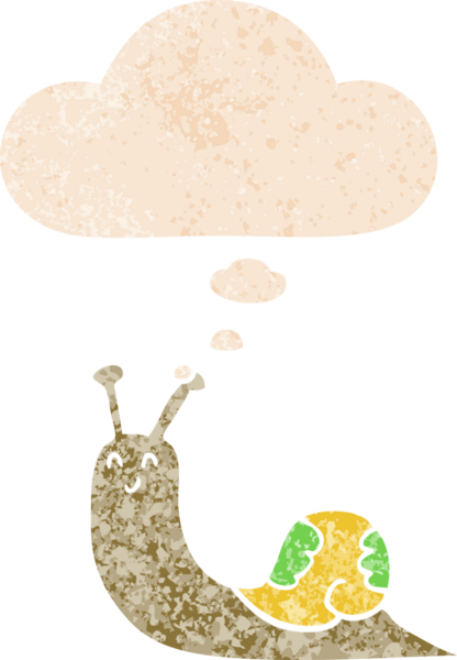 Tatlı çizgi film salyangozu. Düşünce baloncuğu ve grunge dertli retro desenli bir insan tarafından çizilmiş.