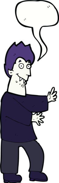 Bir insan tarafından çizilmiş konuşma balonuyla el sallayan vampir çizgi filmi.