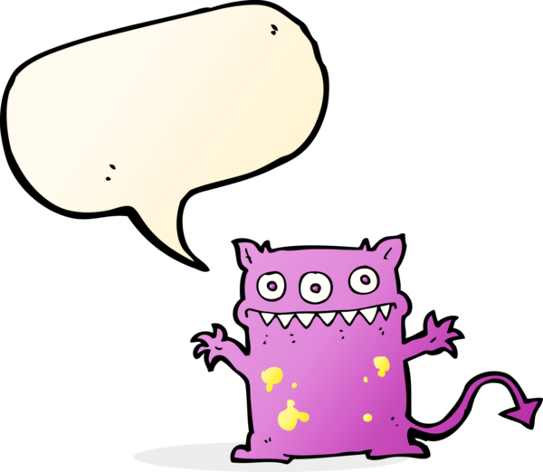 Bir insan tarafından çizilmiş konuşma balonu olan küçük bir canavar.