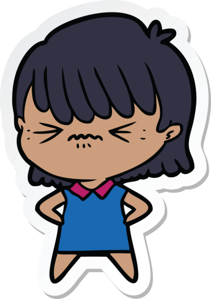 Bir insan tarafından çizilmiş kızgın bir çizgi film kızına ait etiket.