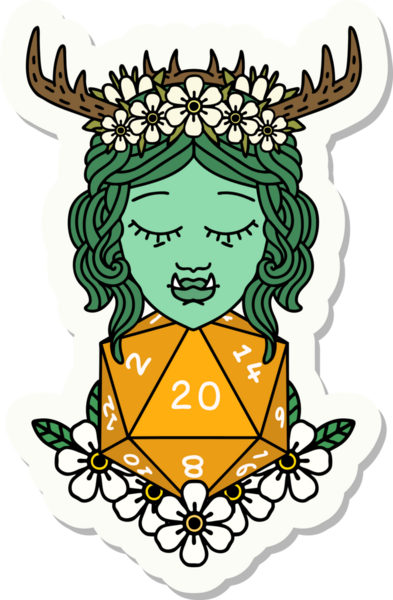 Bir insan tarafından çizilmiş 20 zarlı yarı ork Druid çıkartması.