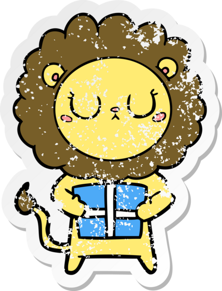 Bir insan tarafından çizilmiş Noel hediyeli karikatür aslanının sıkıntılı çıkartması.