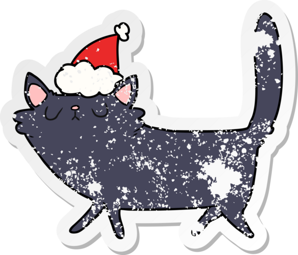 Bir insan tarafından çizilmiş Noel Baba şapkası takan siyah bir kedinin çizilmiş el yazısı.