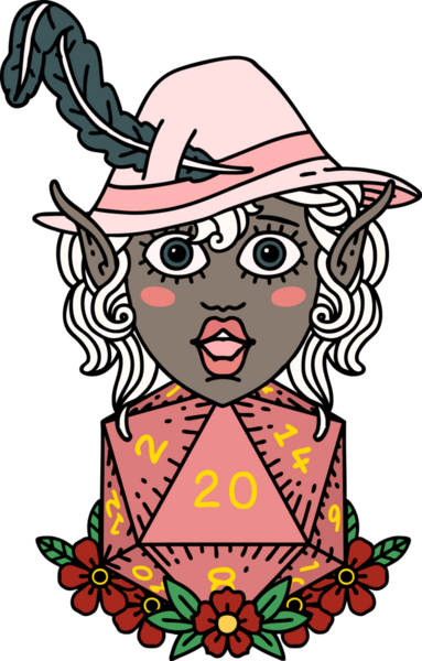 Retro Dövme Tarzı Elf karakteri Bir insan tarafından çizilmiş doğal yirmi zar ile