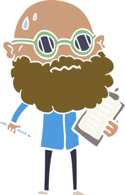 Düz renkli karikatür sakallı ve güneş gözlüklü endişeli bir adam bir insan tarafından çiziliyor.