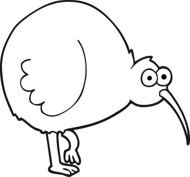 Bir insan tarafından çizilmiş siyah beyaz çizgi film kivi kuşu.