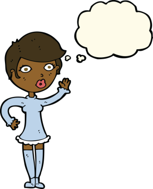 Bir insan tarafından çizilmiş düşünce baloncuğuyla el sallayan güzel bir kadın.