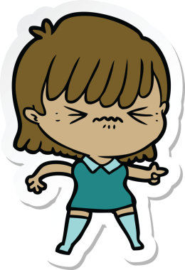 Bir insan tarafından çizilmiş kızgın bir çizgi film kızına ait etiket.