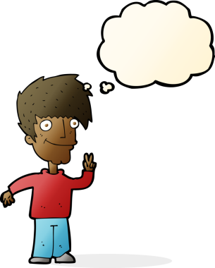 Bir insan tarafından çizilmiş düşünce baloncuğuyla barış işareti yapan çizgi film adamı.