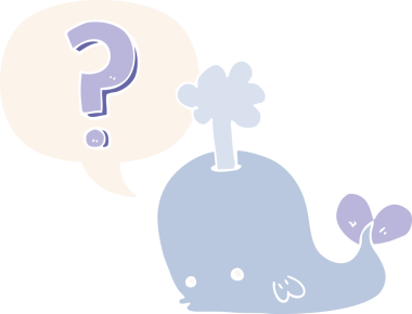 cartoon curious whale with speech bubble in retro style drawn by a human
