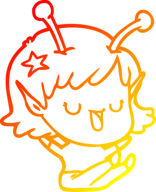 Bir insan tarafından çizilmiş mutlu bir uzaylı kız çizgi filminin çizimi.