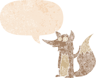 Konuşma baloncuğu olan bir karikatür kurdu, bir insan tarafından çizilmiş, sıkıntılı eski moda bir stil.