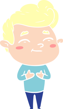 Bir insan tarafından çizilmiş mutlu düz renkli karikatür adam.