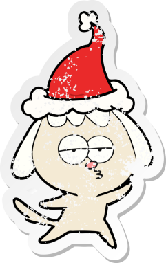 Bir insan tarafından çizilmiş Noel Baba şapkası giymiş canı sıkkın bir köpeğin el çizimi karikatürü.