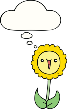 Bir insan tarafından çizilmiş düşünce baloncuklu karikatür çiçeği