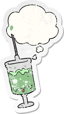 Düşünce baloncuklu karikatür şırıngası insan tarafından çizilmiş yıpranmış bir çıkartma.