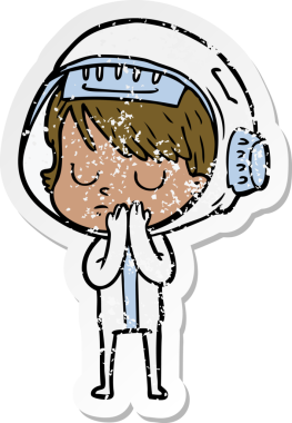 Bir insan tarafından çizilmiş karikatür astronot kadının sıkıntılı çıkartması.