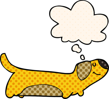 Çizgi roman tarzında bir insan tarafından çizilmiş düşünce balonu olan çizgi film köpeği.