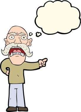 Bir insan tarafından çizilmiş düşünce baloncuğu olan kızgın yaşlı bir adam.