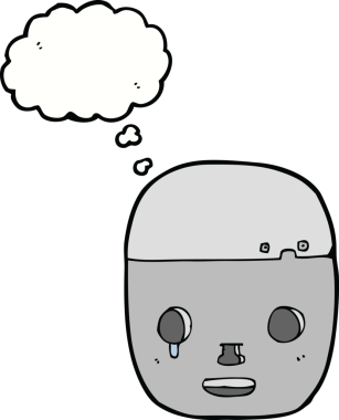 Bir insan tarafından çizilmiş düşünce baloncuklu robot kafası.