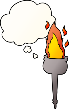 Bir insan tarafından çizilmiş yumuşak eğimli düşünce kabarcığı ile yanan çizgi film kadehi.