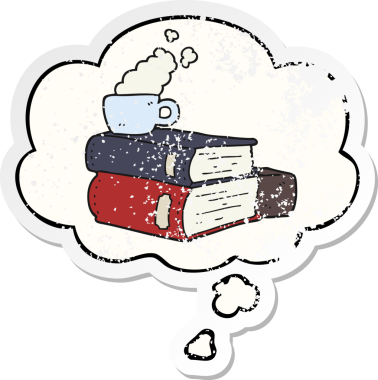 Çizgi romanlar ve düşünce baloncuklu kahve fincanı insan tarafından çizilmiş yıpranmış bir çıkartma.