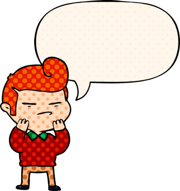 Bir insan tarafından çizilmiş, çizgi roman tarzında konuşma baloncuğu olan, moda saçlı havalı bir adam.