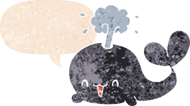 Bir insan tarafından çizilmiş grunge dertli retro tarzı konuşma balinası ile çizgi film balinası