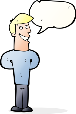 Bir insan tarafından çizilmiş konuşma balonuyla sırıtan çizgi film adamı.