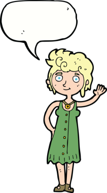 Bir insan tarafından çizilmiş bir konuşma balonuyla sallanan hippi kadın.