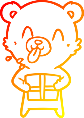 Kaba bir kutup ayısının sıcak çizgi çizimi bir insan tarafından çizilmiş bir hediyeyle dillerini dışarı çıkarıyor.