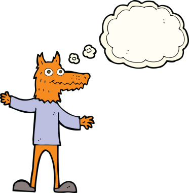 Bir insan tarafından çizilmiş düşünce balonlu tilki adam.