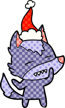 Bir insan tarafından çizilmiş Noel Baba şapkası giymiş bir kurdun el çizimi çizgi roman çizimi.