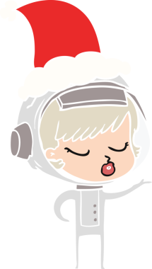 Bir insan tarafından çizilmiş Noel Baba şapkası giyen güzel bir astronot kızın el çizimi düz renk çizimi.