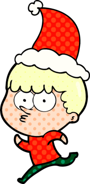 Bir insan tarafından çizilmiş Noel Baba şapkası giymiş meraklı bir çocuğun el çizimi çizgi roman tarzı çizimi.